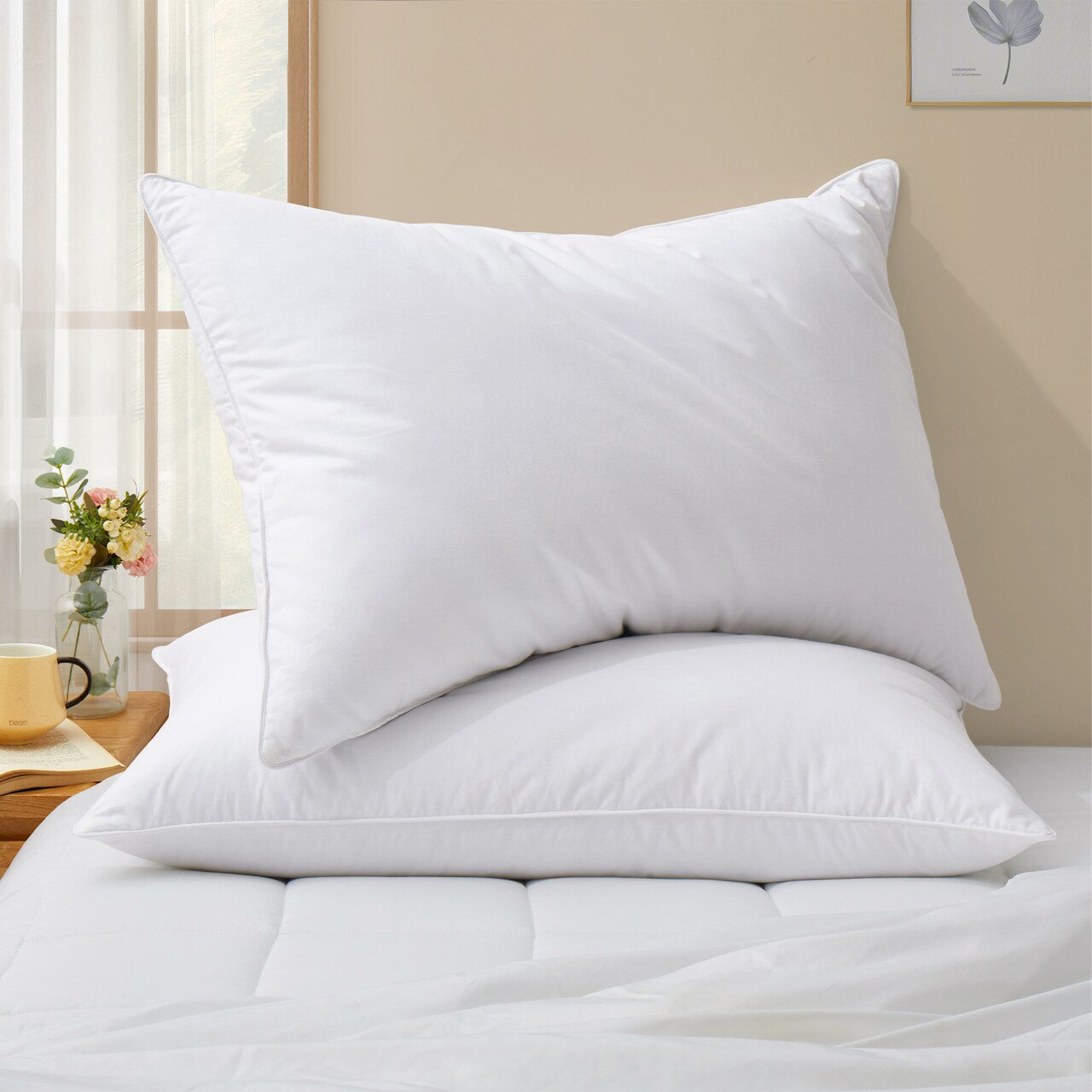 2 Pack White Goose Feather Pillows Cotton Cover Medium Firm Bed Support Pillow
